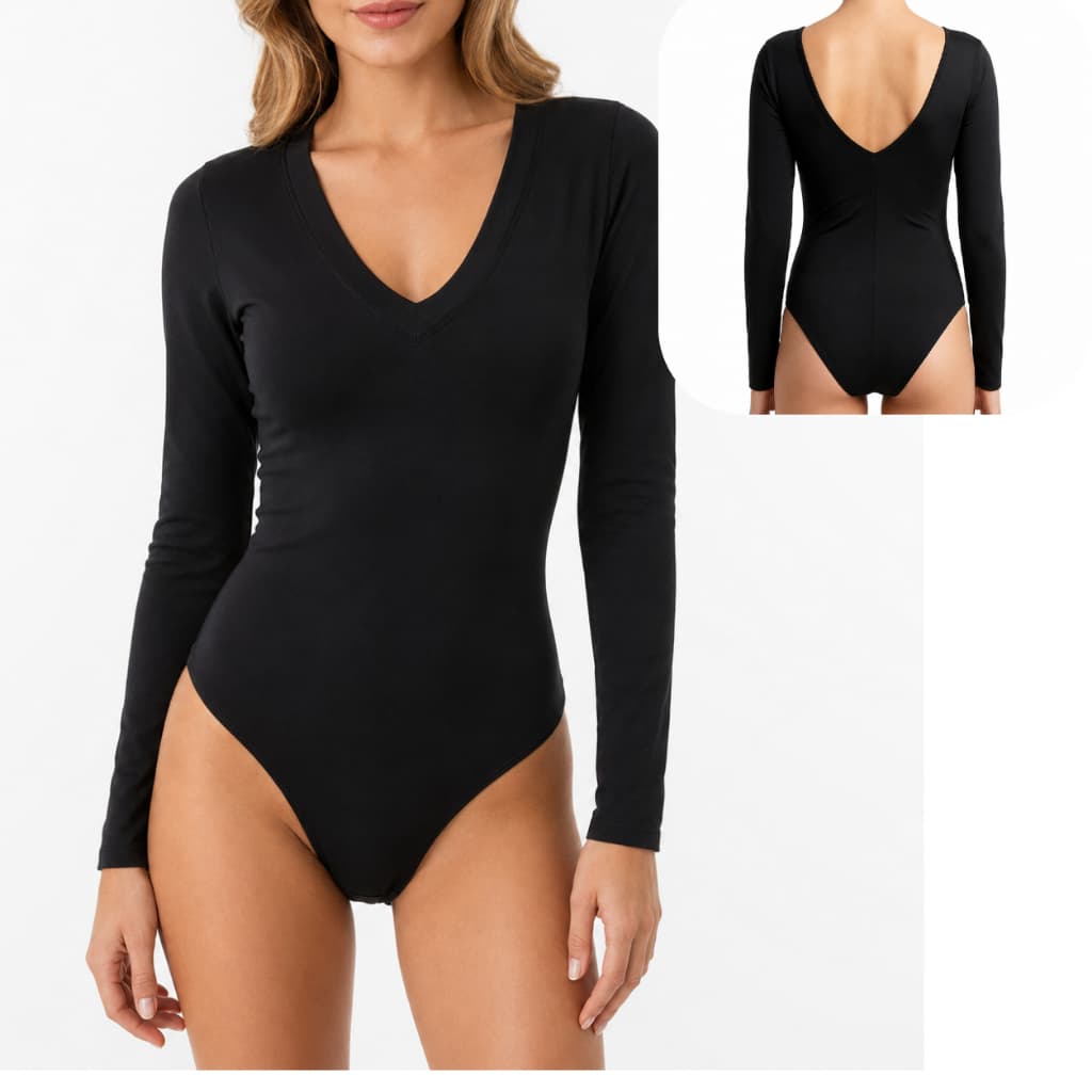 Body Manga Longa em Suplex Premium - Decote V Feminina Elegante Blusa Manga Longa Feminina elegante