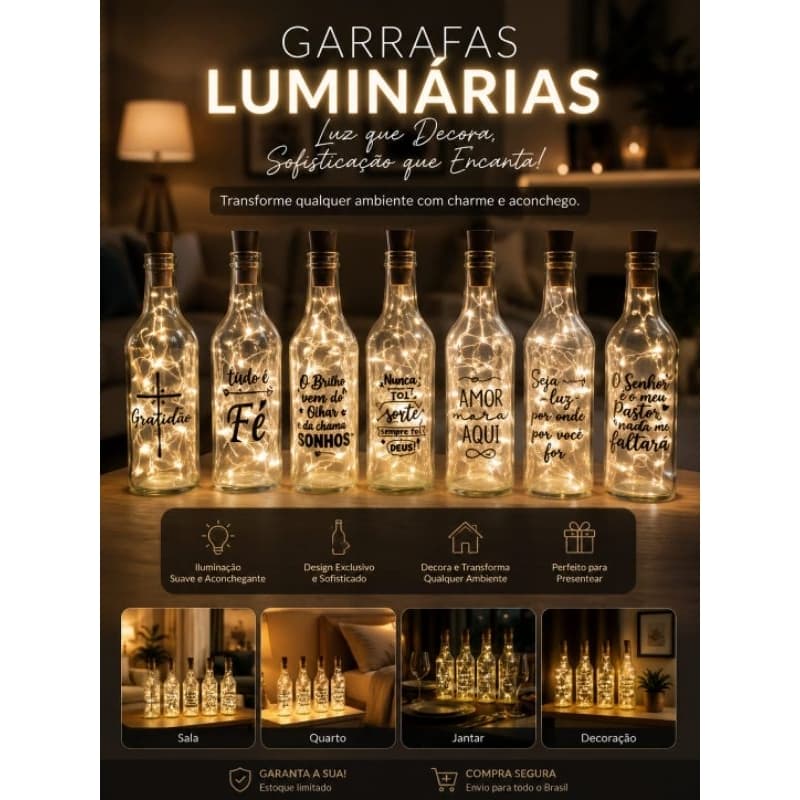 Garrafa Luminária Vidro Abajur Com Frases Personalizada com Fio de LED