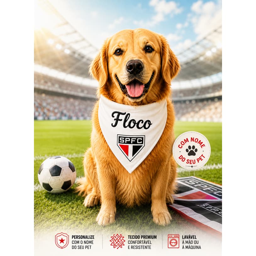 Bandana Pet Personalizada Bordada com Nome | Tema Futebol para Cachorros e Gatos