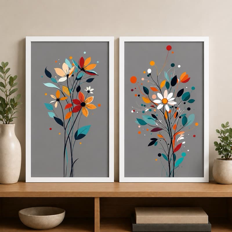 Quadros Decorativos Florais Boho Minimalistas com Vidro e Moldura Branca e Preto com Vidro 2 Quadros