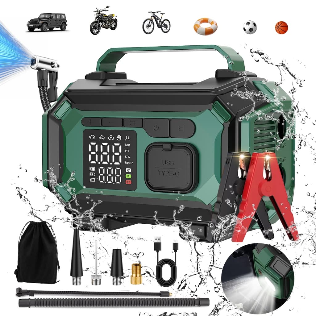 Auxiliar de Partida e Compressor de Ar Portátil 12V - 4 em 1, Lanterna LED SOS e Partida Rápida | Bomba de Ar 150PSI