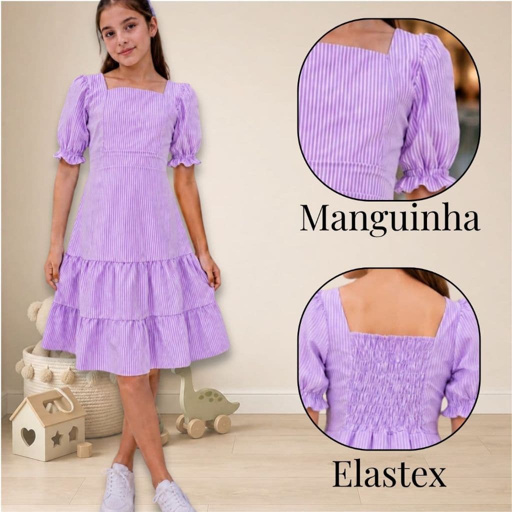 Vestido Juvenil Listrado com manguinha saia 3 marias 4 ao 16  anos roupa de meninas
