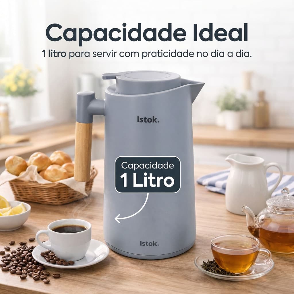 Garrafa Termica Inox 1 Litro Tampa Madeira
