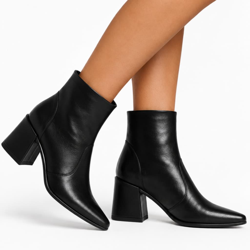 Bota Feminina Salto Bloco Médio Bico Fino Cano Curto