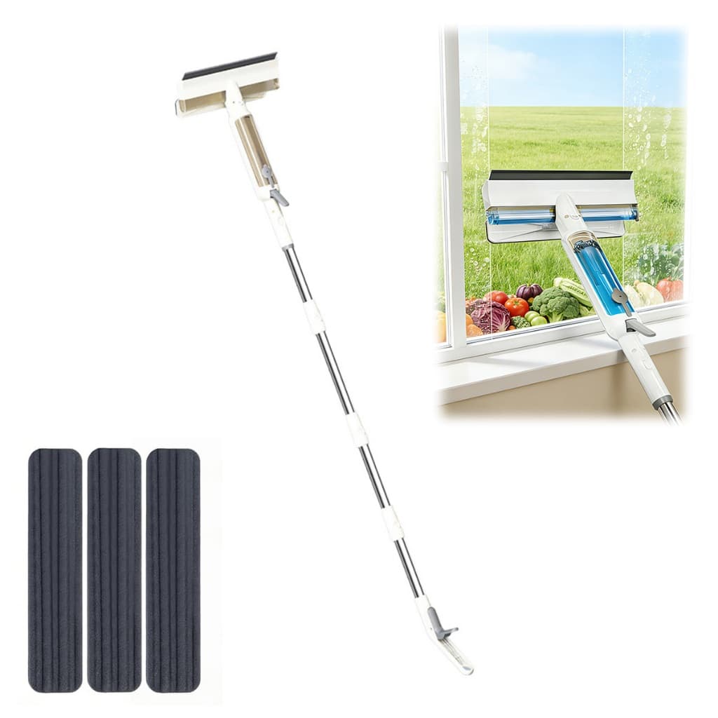 Rodo Limpador Vidros Borrifador Coleta Água Suja Cabo 1.3m Cabeça Rotativa Esponja 24.5cm