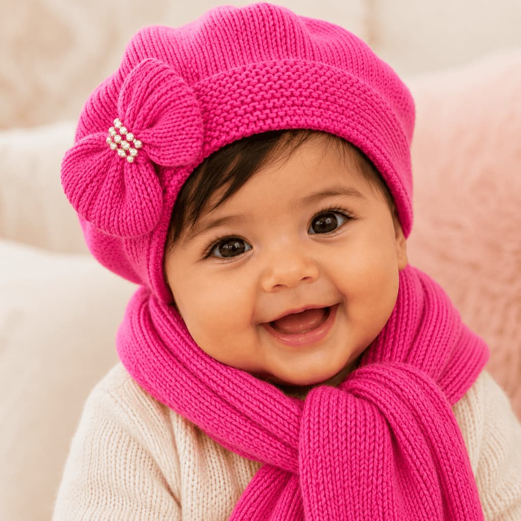 Kit Touca Infantil e Cachecol Bebê Menina Inverno Quentinho Tricô Premium