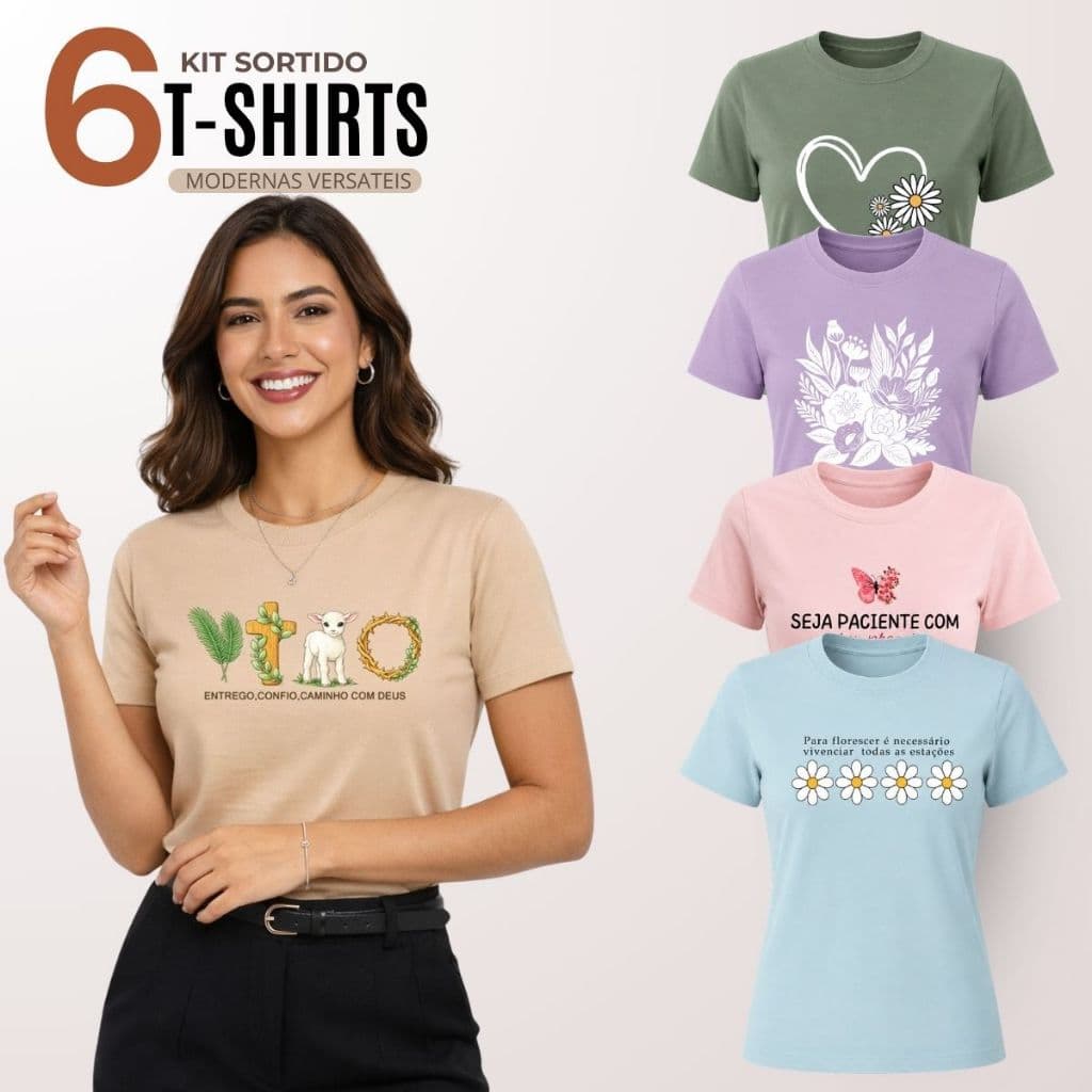 Kit 6 Blusas Femininas Manga Curta Gola Redonda Básica Casual