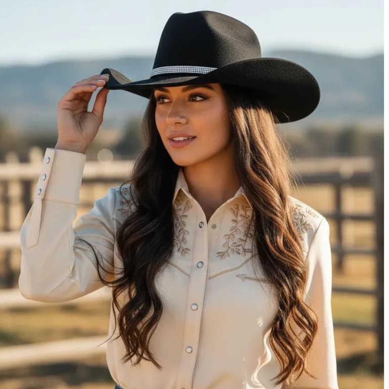 Chapéu Cowgirl Preto Com Faixa De Strass Feminino Rodeio Balada
