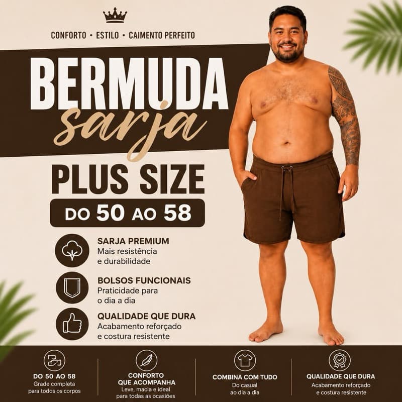 Bermuda Sarja Plus Size Masculina - Tridente - Alta Qualidade