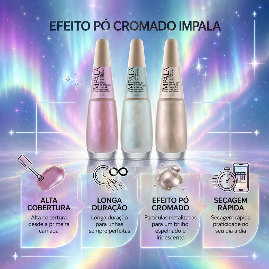 Kit 3 Esmalte Efeito Pó Cromado Unha Aurora Manicure Impala Nude