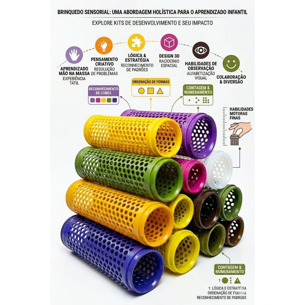 20 Cilindros Plástico Vazado Brinquedo Pedagógico Encaixe - Montessori - Bebê - Atóxico - Cores Diversas - Brinquedo