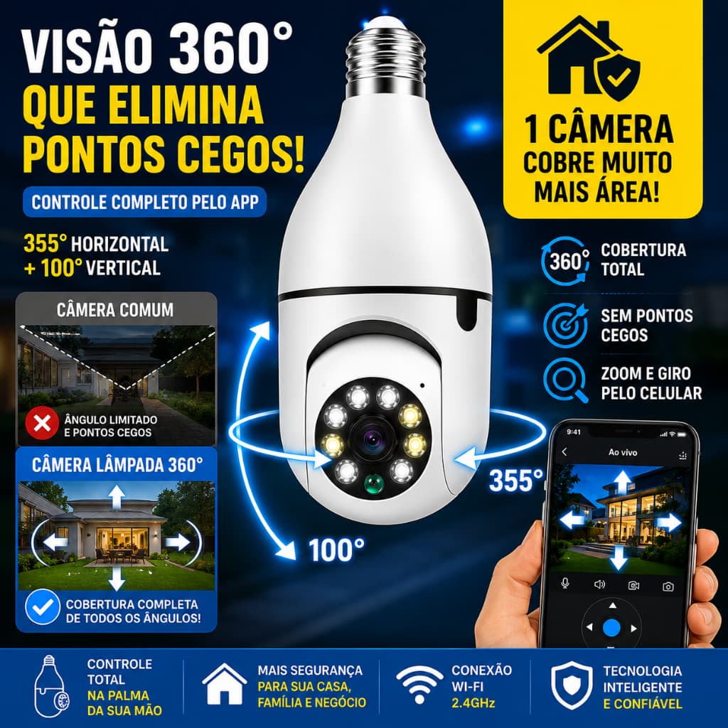 Câmera de Segurança WiFi Lâmpada 360° Full HD Visão Noturna Áudio Bidirecional IP Bivolt