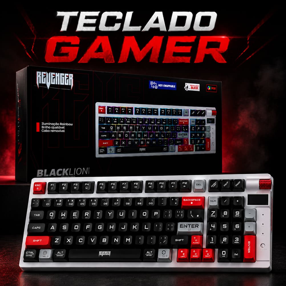 Teclado Gamer Mecânico Led RGB Rainbow Switch Black Anti-Ghosting Display Bluetooth/USB/2.4GHz Teclado Computador Gamer