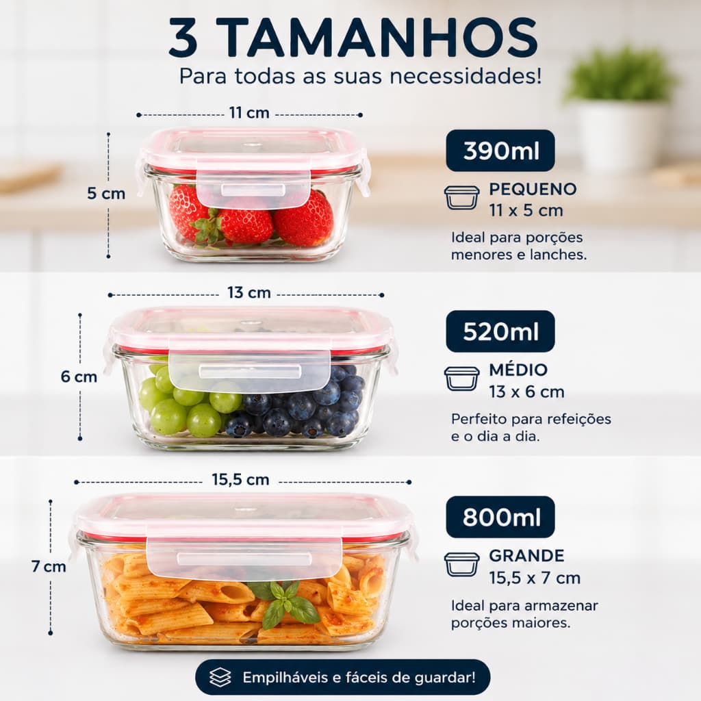 Kit 3 Potes Herméticos De Vidro Tampa Trava Refratário