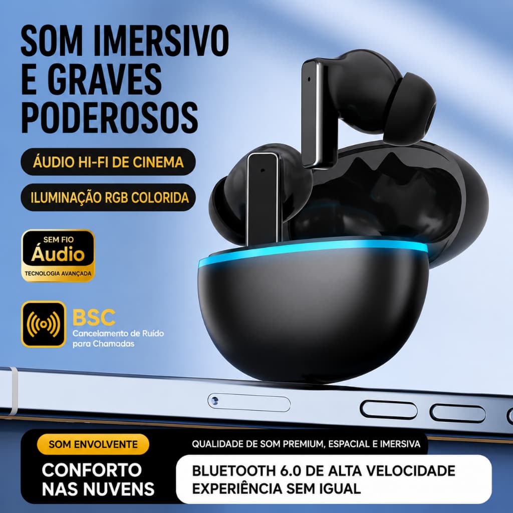 Fone Y9 de Ouvido Bluetooth Sem Fio HiFi com Redução de Ruído e Luz RGB