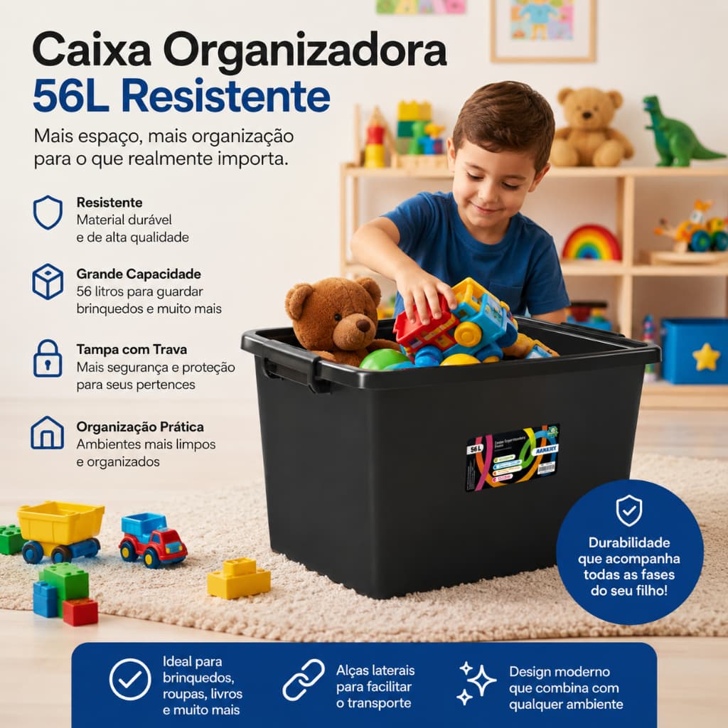 Caixa Organizadora Resistente 56L com Tampa e Travas Pretas Multiuso -Arqplast