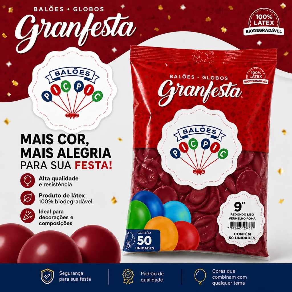 BALÃO VERMELHO ROMÃ 9´´POLEGADAS PIC PIC - BEXIGA DE LÁTEX IDEAL PARA SEU EVENTO