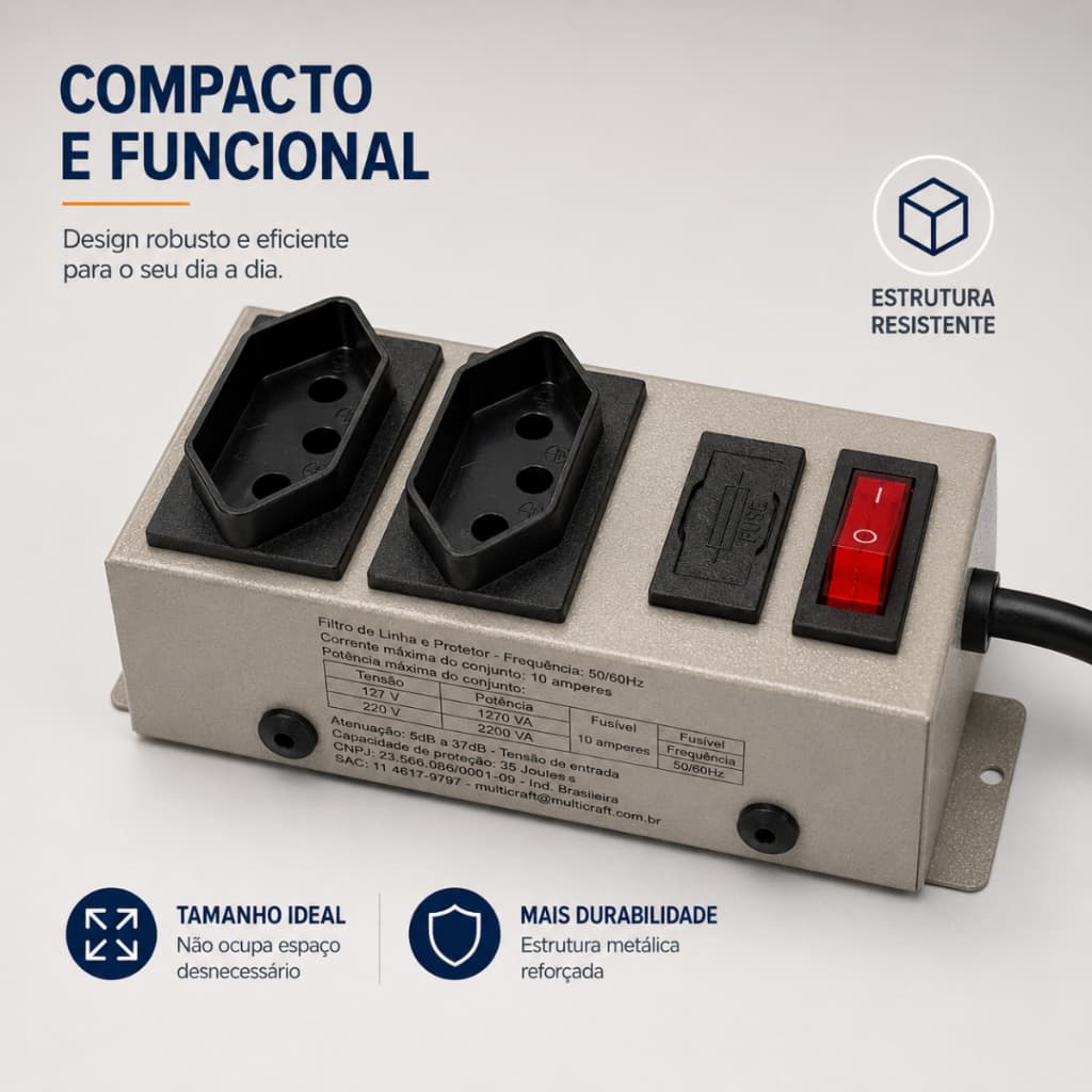 Filtro de Linha Metálico 2 Tomadas Bivolt com Protetor Multicraft 1 Metro Tomadas com Tribicos