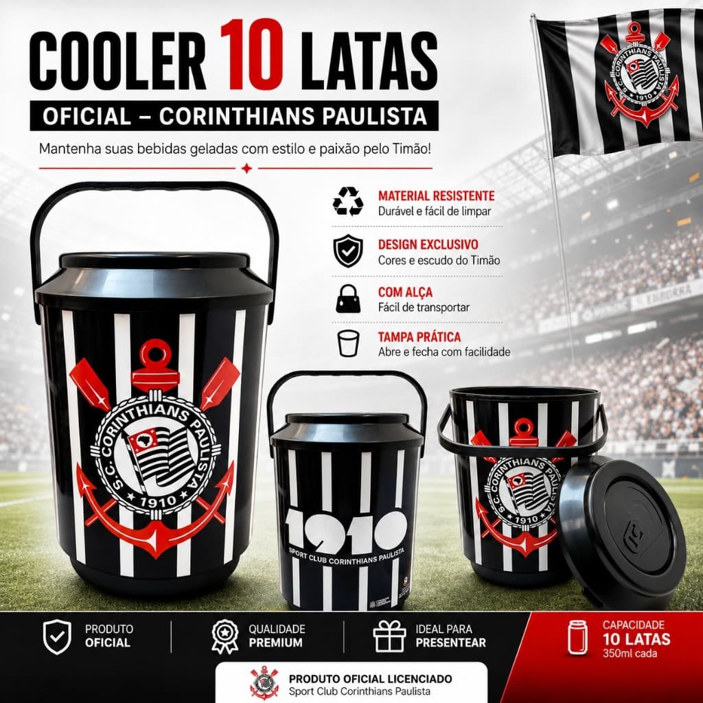 Cooler Térmico Corinthians Oficial 10 Latas 6 Litros Alça Bebida Gelada Original Presente Torcedor