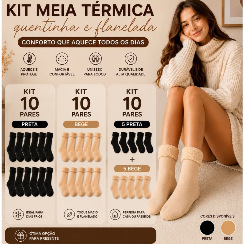 Kit 10 Meia Térmica Feminina de Veludo Flanelada Forrada Peluciada Grossa Super Quente