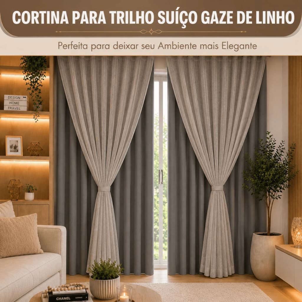 Cortina Gaze De Linho Para Sala Quarto Trilho Suíço 4,00m Alturas 2,30 A 2,80