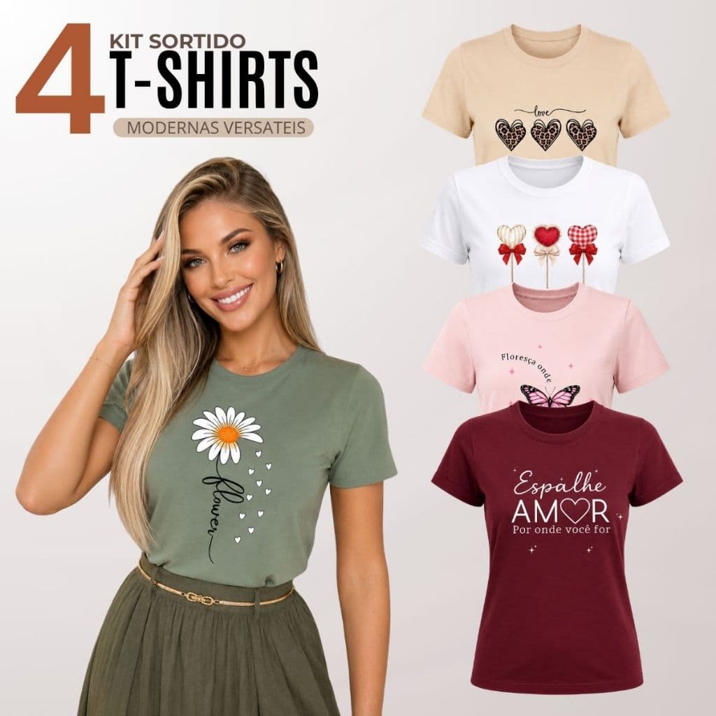 Kit 4 T-Shirt Feminina Blusa Camiseta Escolha Cor e Tamanho 100% Algodão Malha Premium