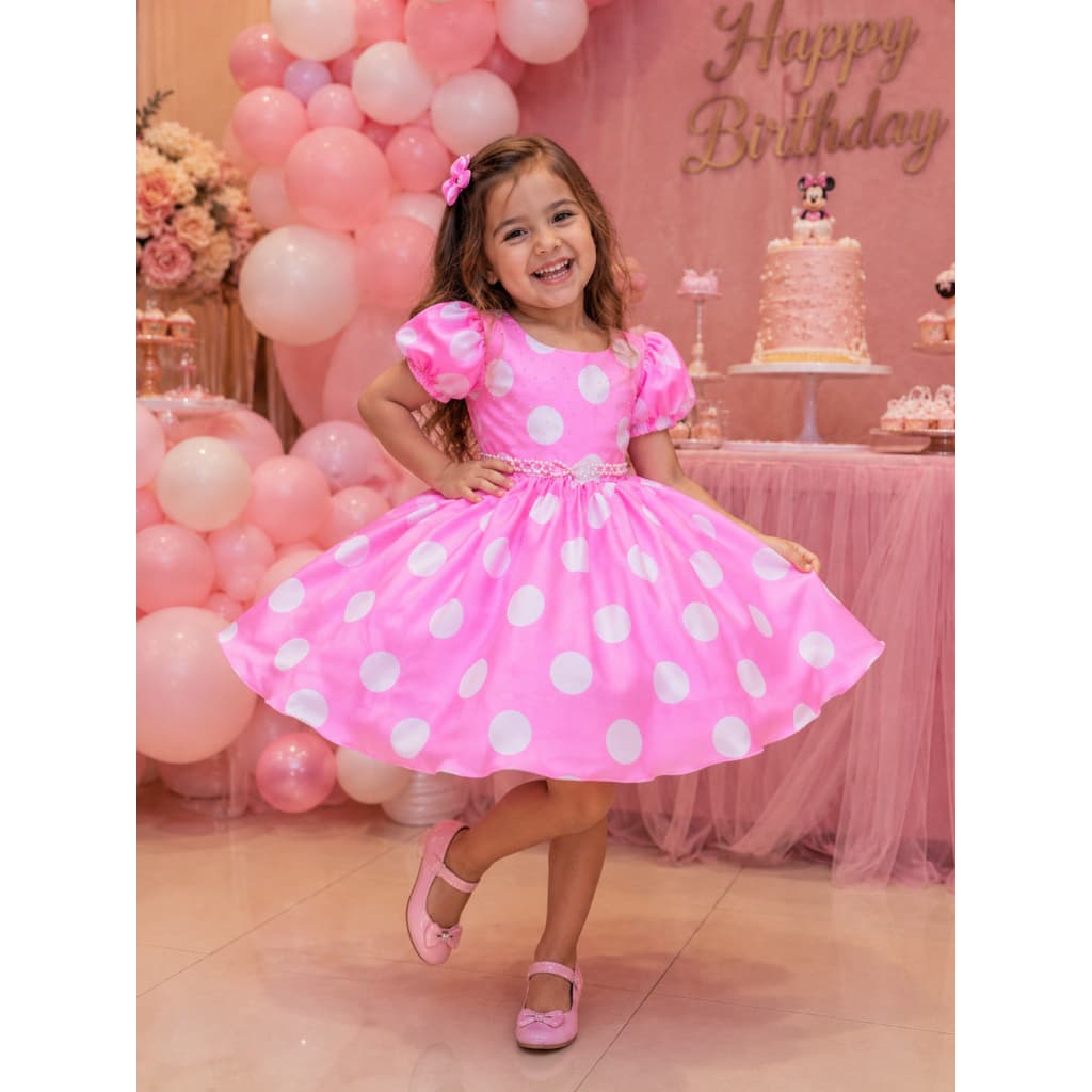 Vestido Minnie Rosa Infantil Festa Aniversário Poá Princesa Meina de 1 a 8 anos