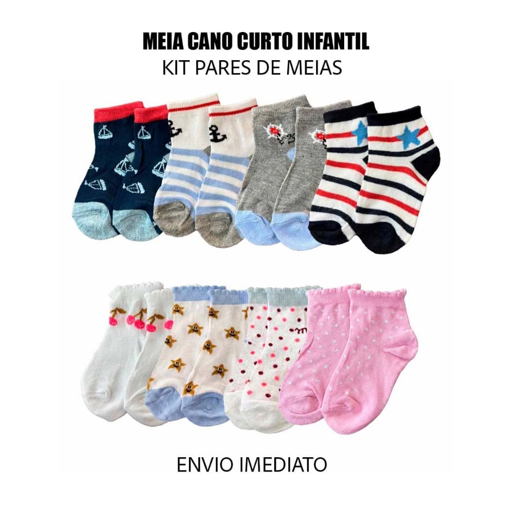 Kit 6 Meias Infantis Estampadas Confortáveis Algodão Cano Curto