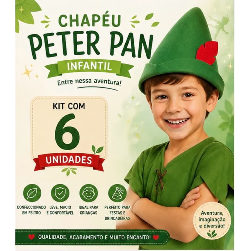 kit com 6 unidades de Chapéu Peter Pan infantil em feltro