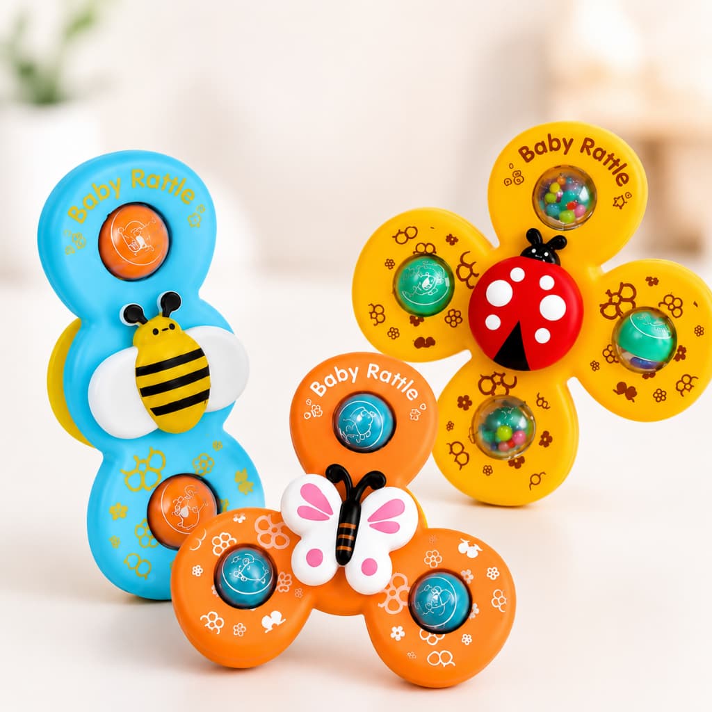 Kit 3 Brinquedos Giratórios Spinner Chocalho Estimulante Sensorial Infantil Banho Refeição