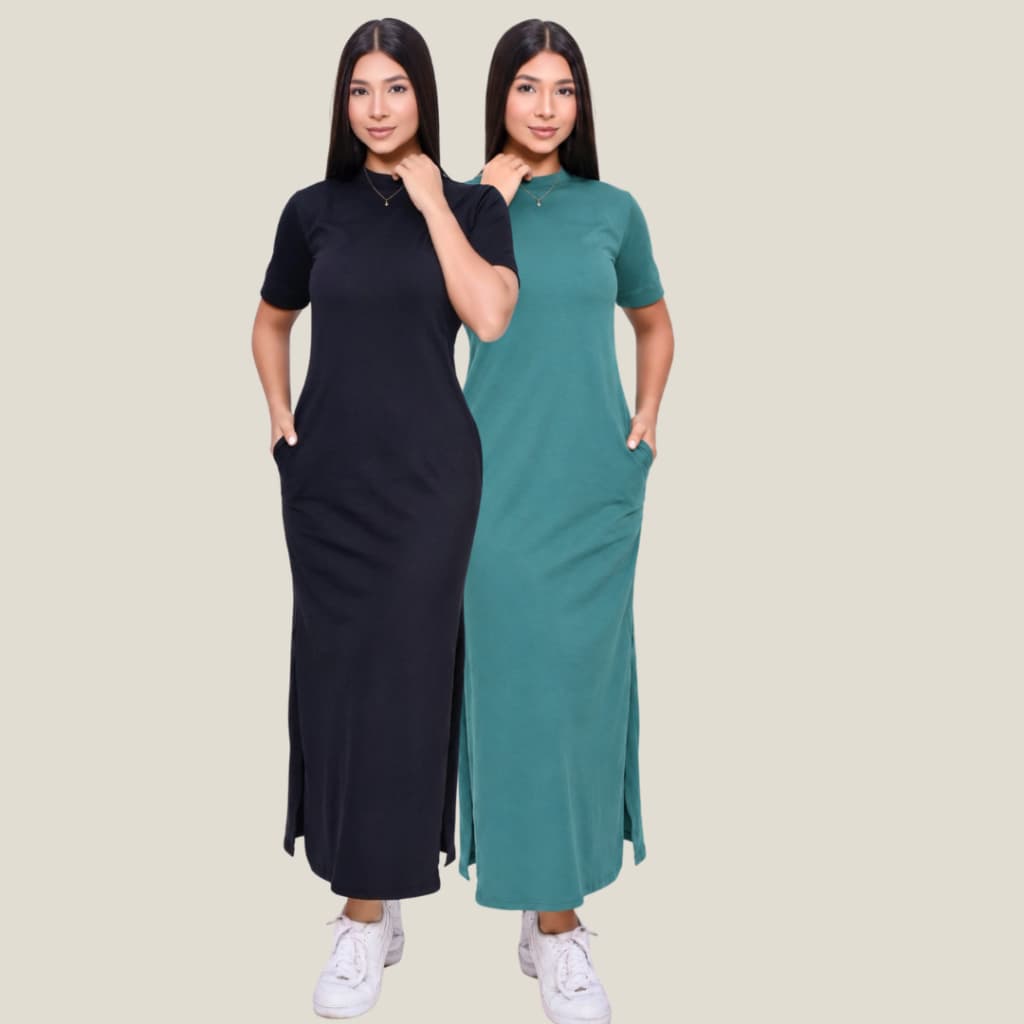 Kit 2 Vestido Longo Feminino Blogueira Manga Curta Fenda Lateral Bolso Verdadeiro
