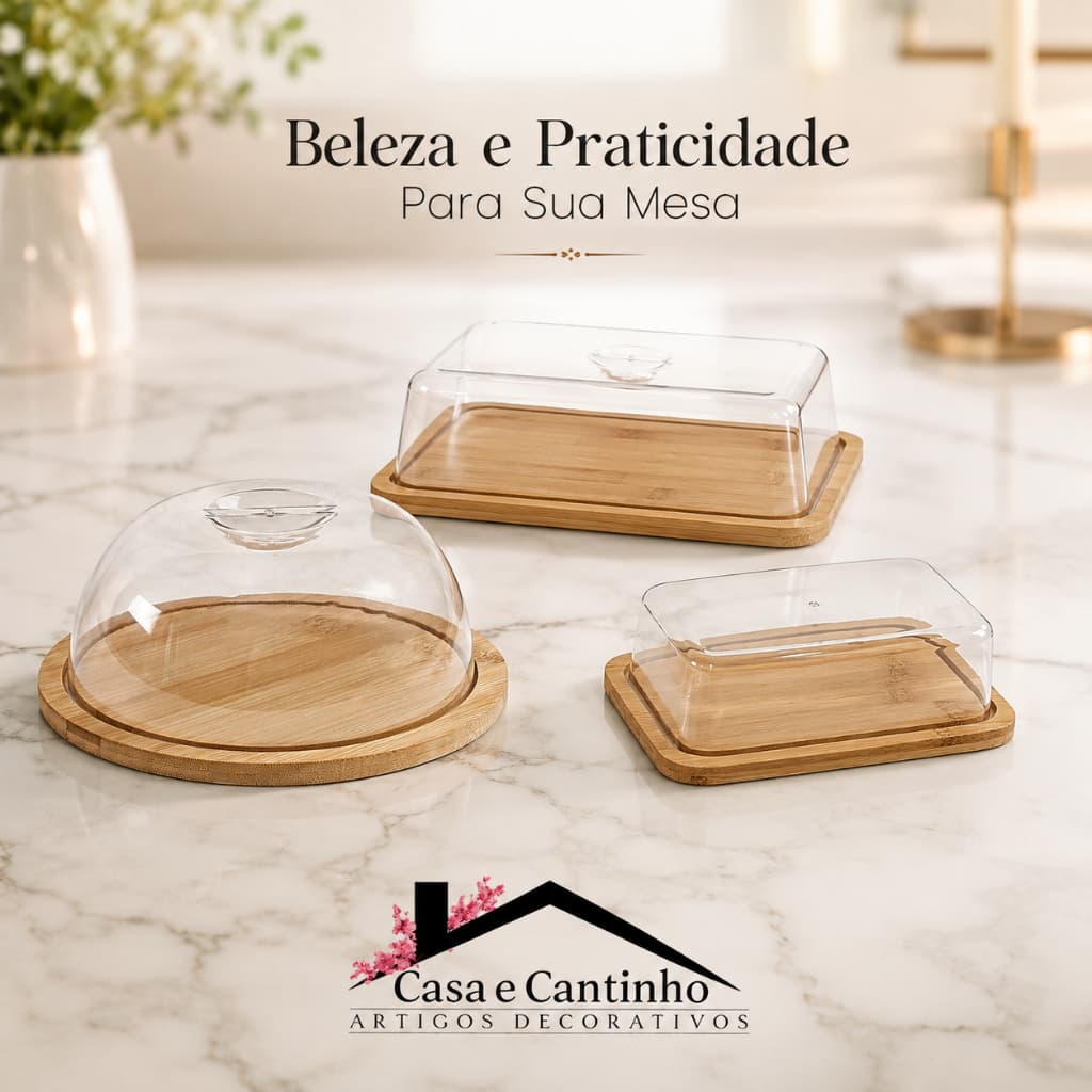 Porta Queijo Bambu com Tampa Acrílico Para Frios e Manteigueira Queijeira Multiuso Conserva