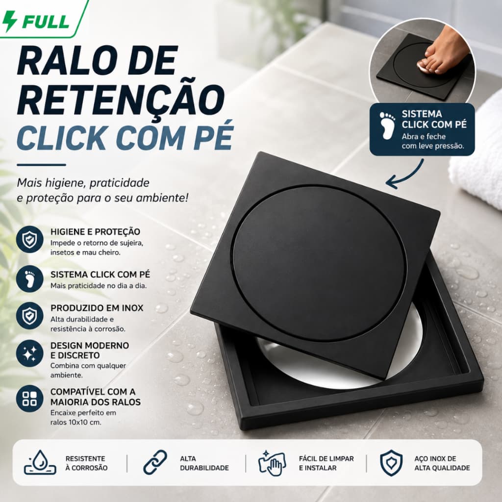 Ralo Click 10x10 Inox Inteligente Preto Fosco Quadrado Com Porta Grelha Banheiro Lavabo Anti odor