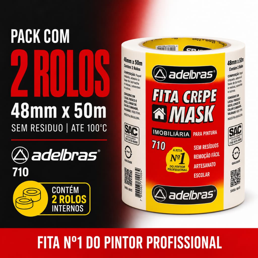 Fita Crepe Adelbras 710 48mm x 50m Mascaramento Pintura Sem Residuo Artesanato Uso Geral