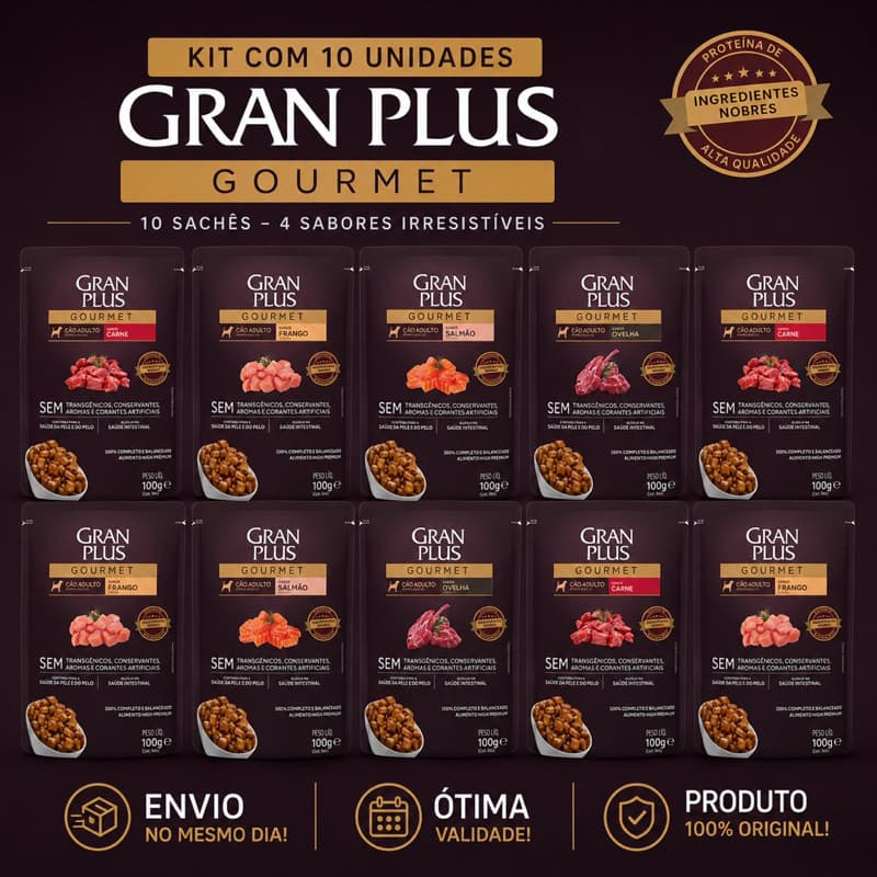 Kit 10 Sachês Grand Plus 100 g para Cães – Diversos Sabores, Nutrição Completa e Refeição Deliciosa
