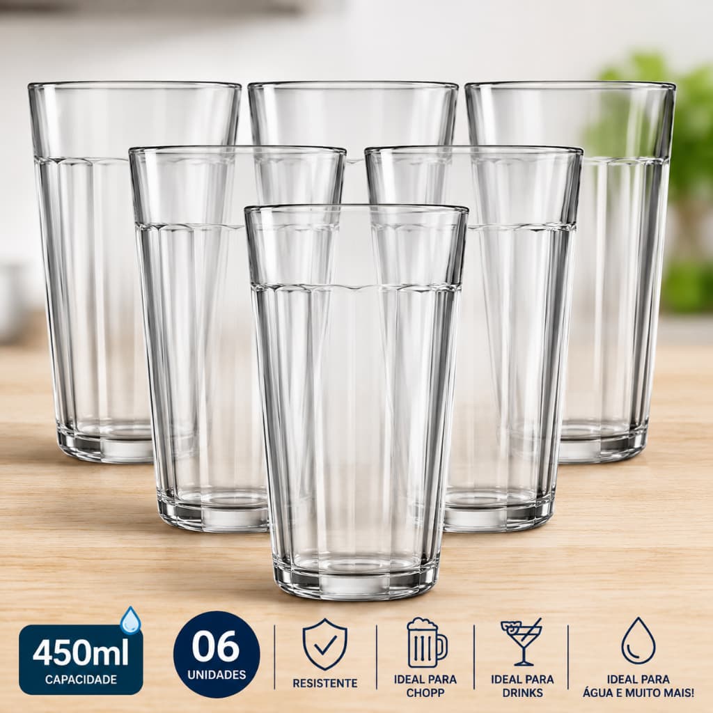 Copo De Vidro Americano 450Ml Kit 6 Unidades Copo Long Drink Copo De Vidro Grande Nadir Figueiredo