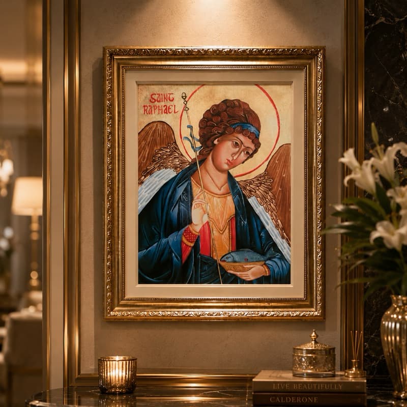 Quadro Arcanjo Rafael Ícone  – 40x50 – Moldura Dourada