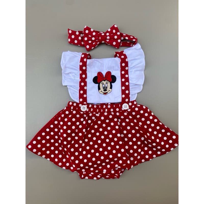 Jardineira romper Poa Minnie Vermelha Bebê Vestido Menina Temático Minnie Baby preto fantasia +laço de cabelo Disney
