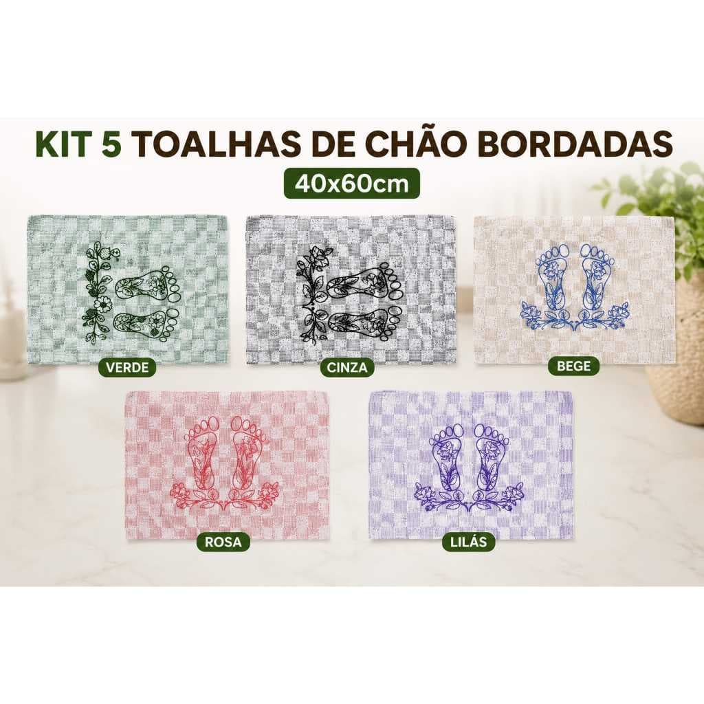 Kit 5 Panos De Chão Bordados 40x60 Super Absorvente Cozinha Banheiro Promoção