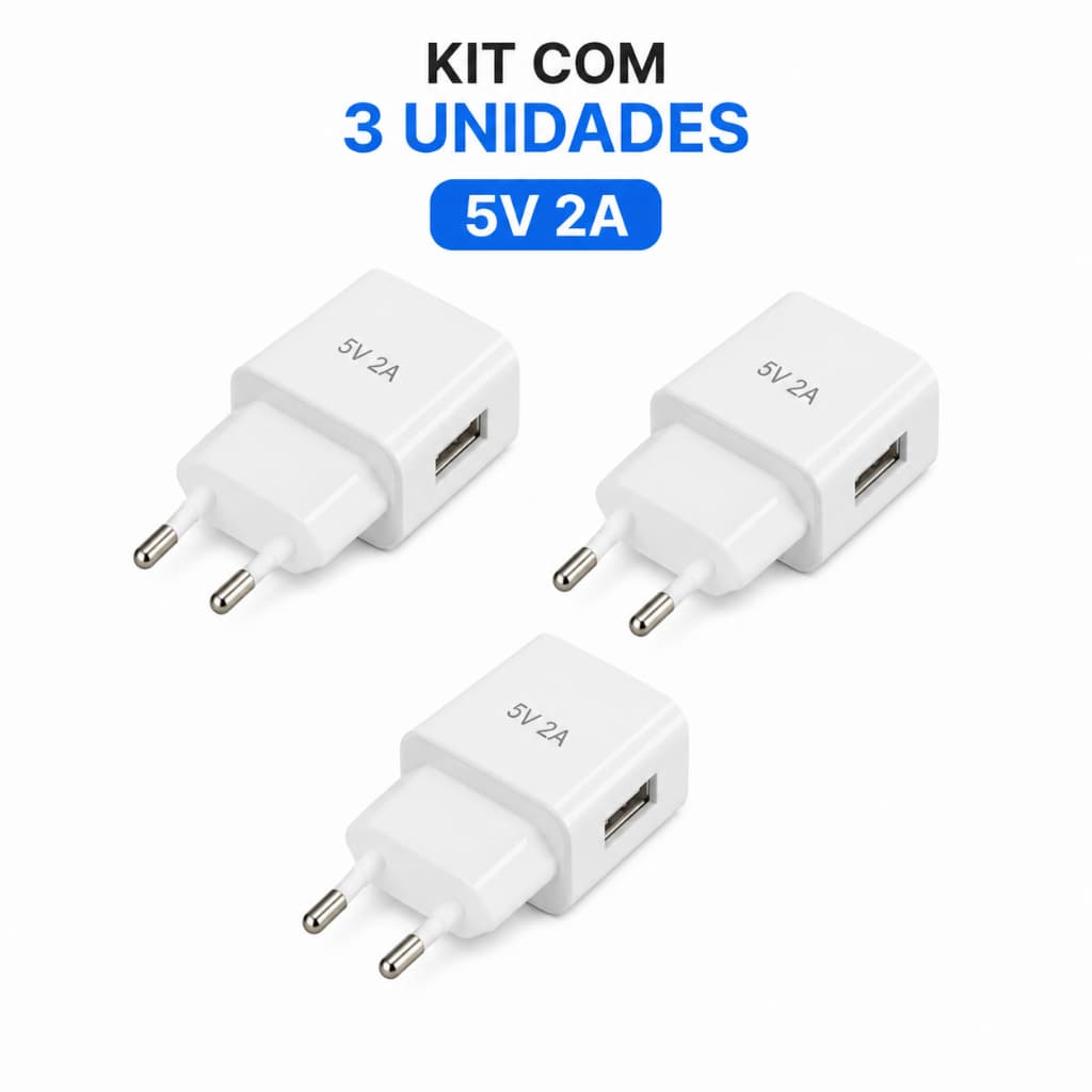 Kit 3 Carregadores USB Turbo 5V 2A Universal Branco
