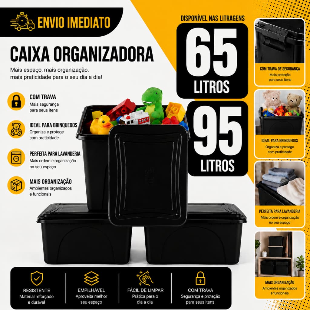 Kit 3 Unidades Caixa Organizadora Container 65 e 95 Litros Com Trava Preta