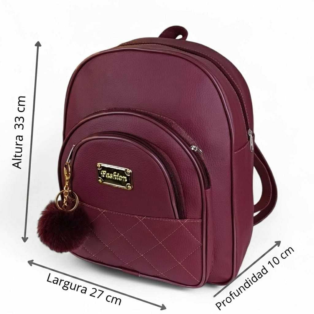Mochila De Bordo Feminina Escolar Grande De Couro C/ Chaveiro Pompom Viagem