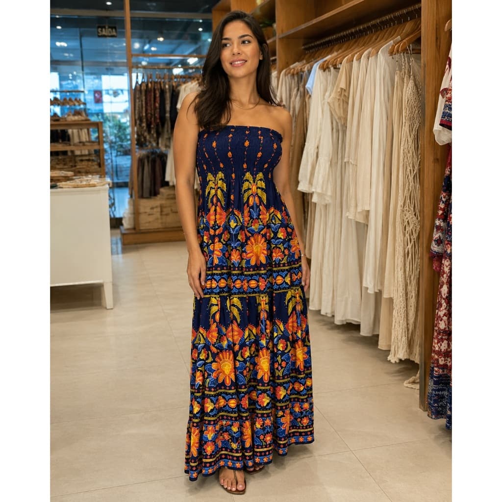 VESTIDO LONGO TOMARA QUE CAIA COM ELASTEX ESTAMPADO VERÃO 2026