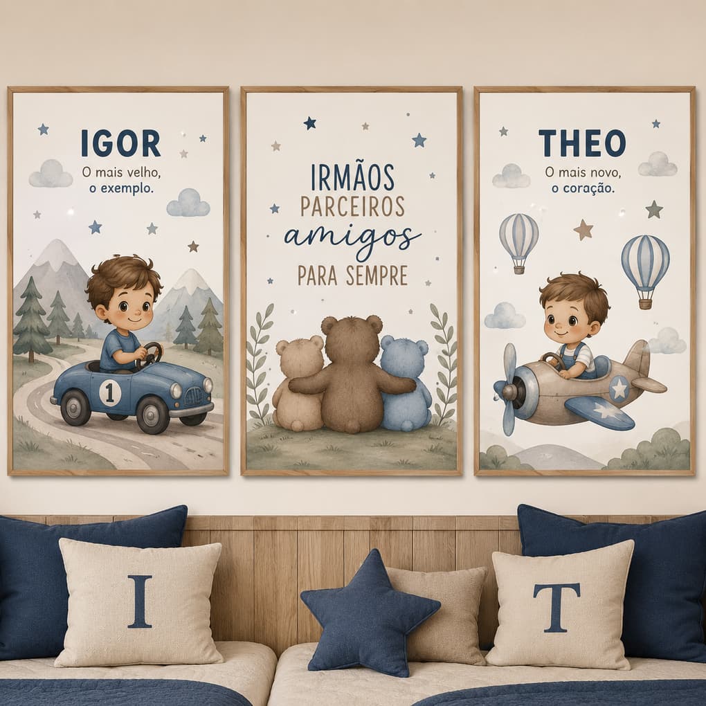 Quadro Decorativo Infantil 3 Peças Personalizado Nomes  Irmãos Para Quarto
