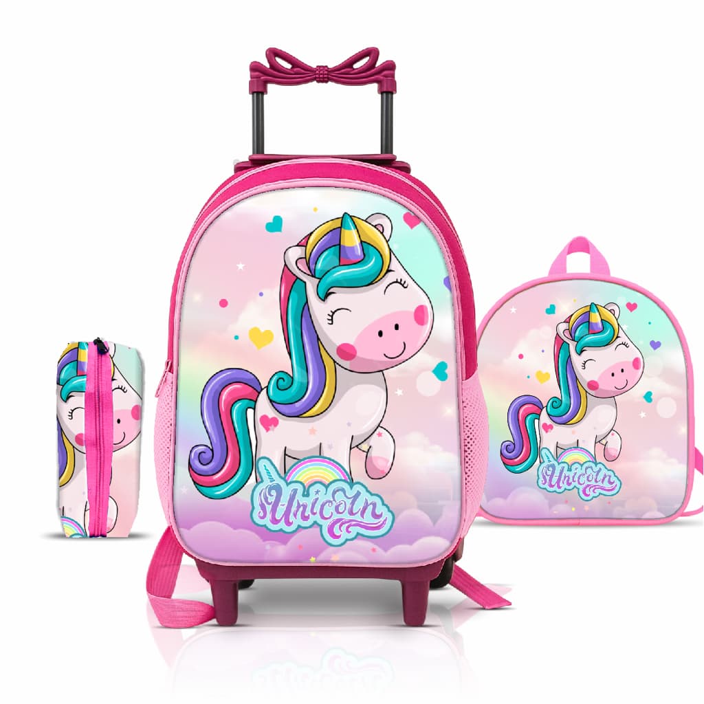 Kit Mochila Escolar Unicórnio com Lancheira e Estojo - Rodinhas - Menina - Feminino - Escolar - Rodinhas