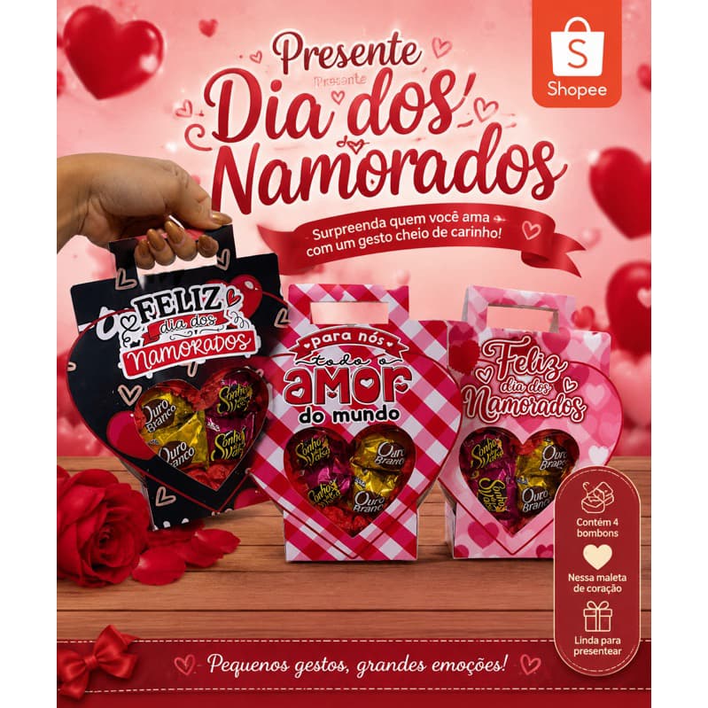 Kit Presente Dia dos Namorados com 4 Bombons na Maleta Coração