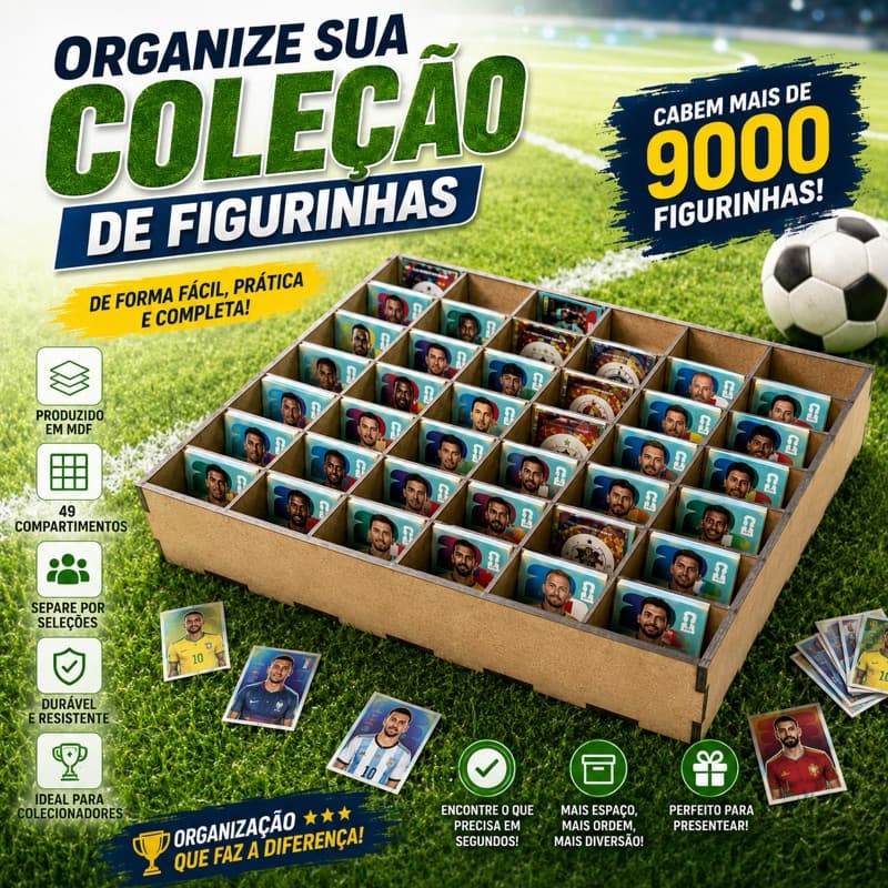 Caixa Organizadora para Figurinhas Futebol Cards Colecionáveis Divisórias Álbum Copa Infantil MDF