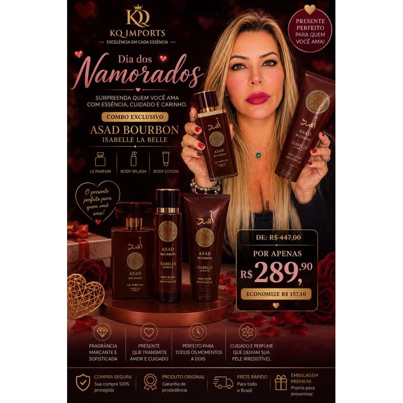 Kit dia dos namorados p ele: ASAD BOURBON ÁRABE 1 PARFUM 100ml 1 Body Splash 300ml 1 Body lotion 200ml Isabelle la Belle