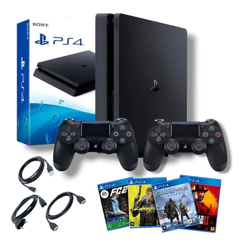 PlayStation 4 Slim | 4 Jogos CD | 2 Controles | Caixa e Acessórios
