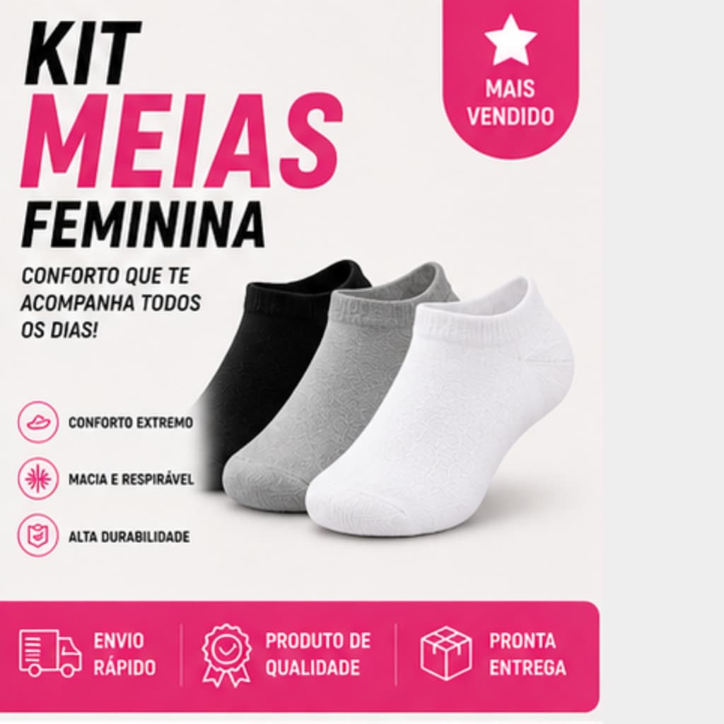 Kit Meias Feminina Sapatilha Cano Curto Algodão  Macia Confortável Casual e Esportiva